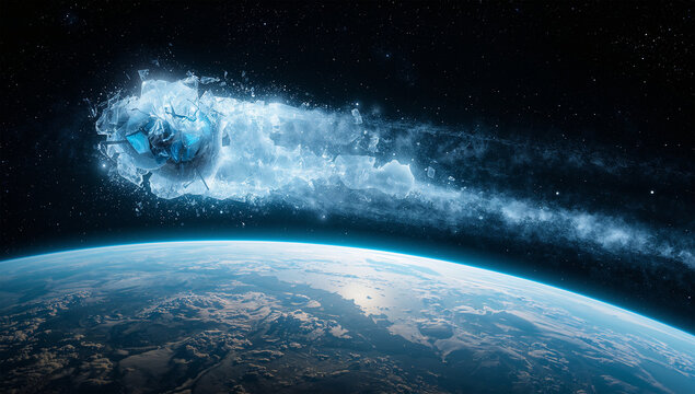 青白い彗星が地球の近くで分裂する幻想的な宇宙の3D素材