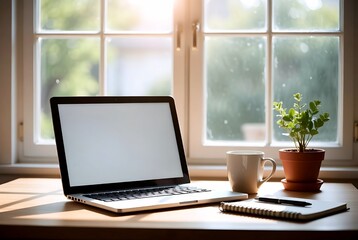 Fototapeta premium Modern home workspace with laptop and coffee in natural morning light