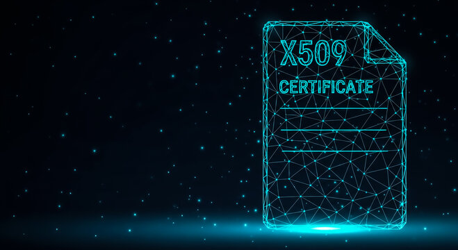 A digital illustration of an X509 certificate with a futuristic design, featuring a glowing outline and technological aesthetic.