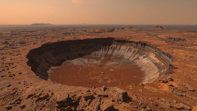 赤い火星の大地に巨大クレーターが広がる探査風景の3D素材