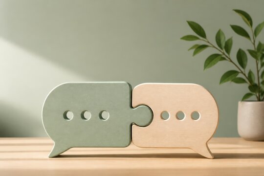 Wooden speech bubble puzzle pieces symbolizing teamwork communication and collaborative business dialogue on a desk