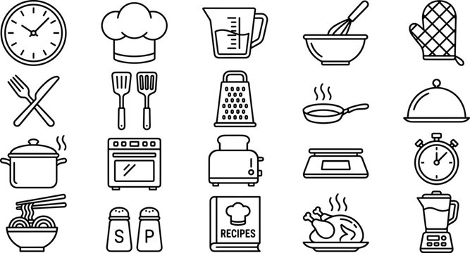 Cooking, kitchen utensils, and culinary thin line icons set featuring chef hat, recipes book, oven, toaster, blender, scales, and restaurant food preparation elements.