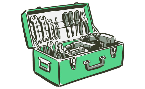 Green tool box with various tools for repair and maintenance. Hand drawn vector illustration of a professional equipment set for DIY projects.