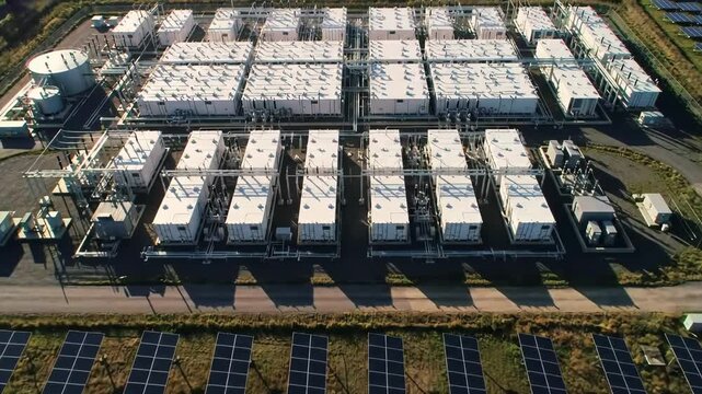 Aerial view of a large industrial complex with rows of modular buildings and solar panels.