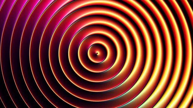 Circular ribbed glass with dynamic blending neon refraction. Futuristic smooth glowing gradient shift through concentric rings. Luminous gradient moves through layered rings. Seamless loop. 4K video
