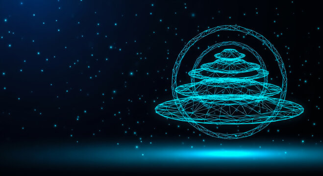 A glowing orbital sphere with layered circular patterns and a wireframe structure, floating in a starry night sky with a reflective surface.