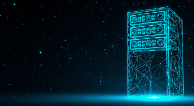 A 3D rendered image of a modern server rack with glowing lights and a wireframe effect, set against a dark, starry background.