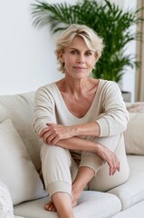 Fototapeta premium Mature woman with blonde hair smiling confidently while sitting casually on a comfortable sofa in a bright, modern living room