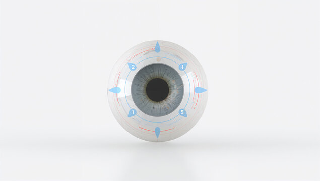 白背景で虹彩認識を説明する眼球モデルの図解3Dビジュアル