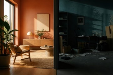 Fototapeta premium Split mood interior with warm cozy living room and dark creative workspace in dramatic contrasting light