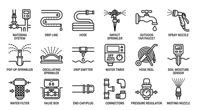 Watering System Irrigation Equipment Icon Set for Lawn and Garden