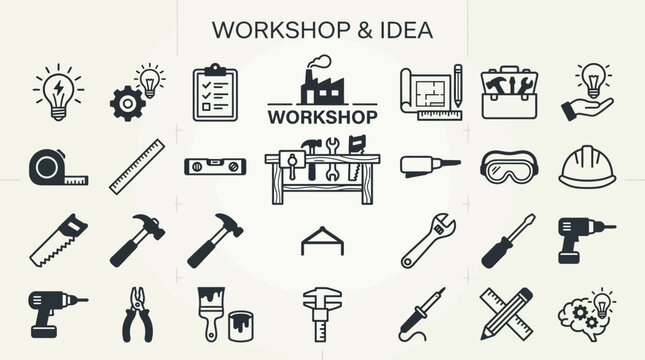 Workshop Icons Showcase Tools for Repair Construction and Home Improvement