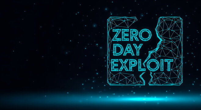 Abstract representation of a zero-day exploit with a cracked binary code graphic on a digital background, symbolizing cybersecurity vulnerabilities.