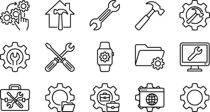 Home repair, maintenance, and technical support thin line icons set featuring wrench, hammer, gears, toolbox, system configuration, and software optimization elements.