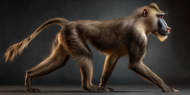 Mandrill Baboon Full Body Walking on Dark Background