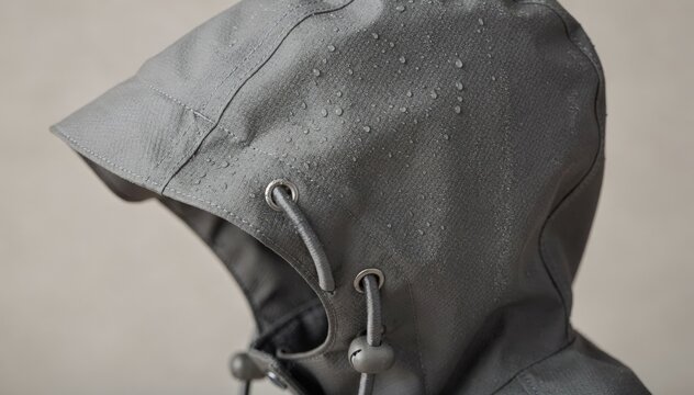 Closeup medium shot of a matte girls raincoat hood highlighting textured fabric adjustable drawcords and reinforced seam taping for durable weather protection.