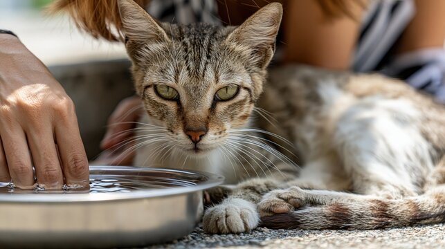 Close-up of a sympathetic stray tabby cat being offered water from a metal bowl by a caring person