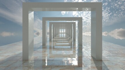 Fototapeta premium Endless white architectural arches creating a surreal, dreamlike corridor leading to a bright, distant light with reflective floors