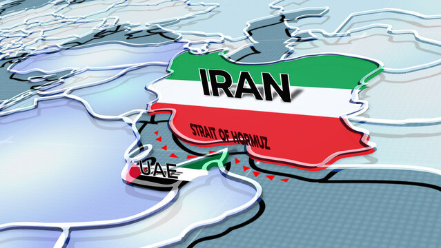 A 3D world map highlights UAE, and Iran, the Middle East, IRAN map, UAE map, UAE FLAG, UAE MAP,