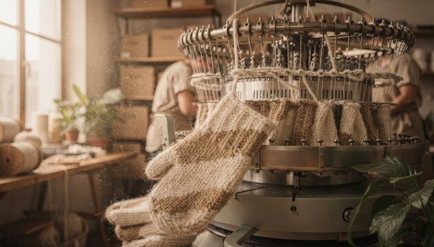 Circular knitting machines crafting soft natural wool mittens highlighting warm textures and ecofriendly production in a cozy factory setting.