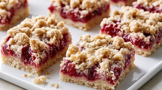 Close up of delicious cherry crumble bars with sweet crumb topping and moist filling on a white plate