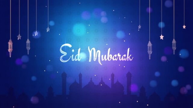 A vibrant "Eid Mubarak" greeting in elegant white script, presented on a rich blue background with mosque silhouettes, sparkling bokeh lights, and decorative hanging lanterns and stars.