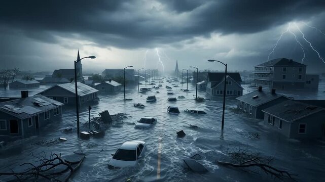 Flooded town street with cars submerged during a thunderstorm