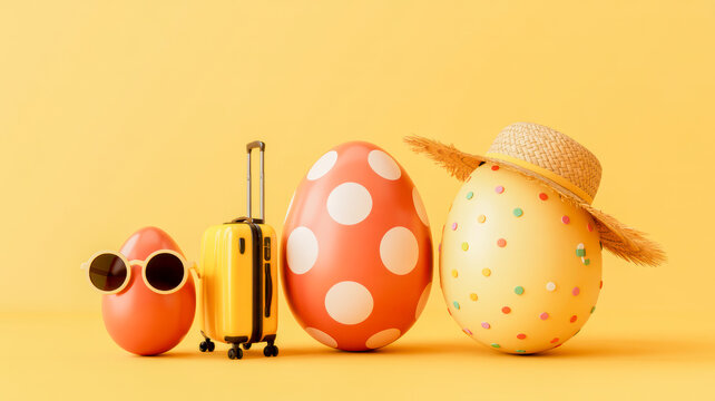 Easter eggs decorated with summer accessories including sunglasses and straw hat standing next to a small yellow rolling travel suitcase