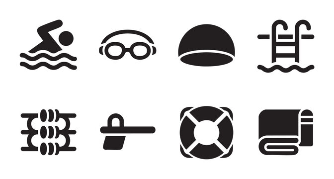 A collection of black flat icons representing swimming pool elements like a swimmer, goggles, cap, ladder, lane ropes, diving board, lifebuoy, and towel.