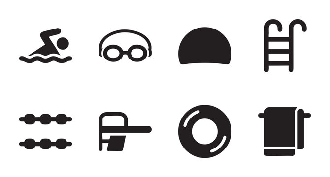 A collection of black and white vector icons representing swimming pool elements, including a swimmer, goggles, cap, ladder, lane lines, diving board, tube, and towel.