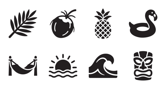 A collection of black vector icons representing summer and tropical themes, including a palm leaf, coconut, pineapple, flamingo float, hammock, sunset, wave, and tiki mask.
