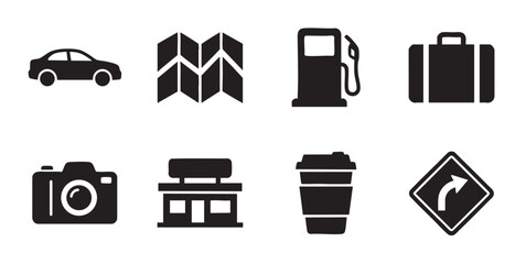 A collection of black vector icons representing travel elements like a car, map, gas pump, suitcase, camera, coffee cup, shop and road sign.