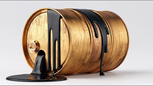 Golden metal barrel with black liquid spilling out, showcasing a continuous flow of liquid across three frames, emphasizing the gradual movement and texture of the material