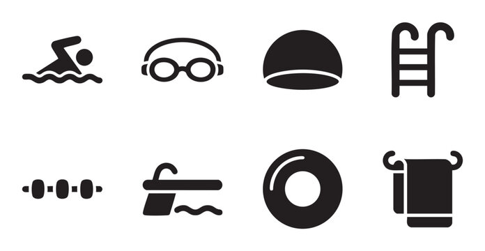 A collection of eight black and white vector icons representing swimming and pool activities, including a swimmer, goggles, cap, ladder, lane ropes, diving board, float, and towel.