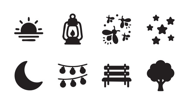 A collection of black silhouette icons representing an outdoor evening scene, including a sunset, lantern, fireflies, stars, moon, string lights, bench, and tree.