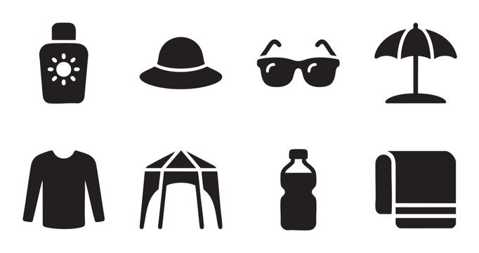 Set of black vector icons representing essential items for a summer beach holiday, including sun protection, clothing, and shade.