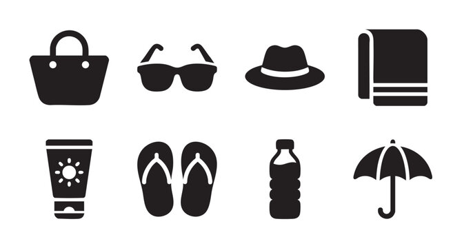 A collection of black flat icons represents essential items for a summer beach vacation including a bag, sunglasses, hat, towel, sunscreen, flip-flops, water bottle and umbrella.