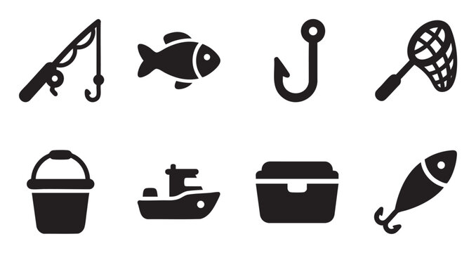 A collection of eight simple, black and white vector icons related to fishing, including a rod, fish, hook, net, bucket, boat, cooler, and lure.
