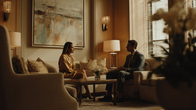Elegant private banking consultation in a luxurious office lounge, featuring a professionally dressed man and woman in conversation under warm ambient lighting with upscale interior d&eacute;cor.