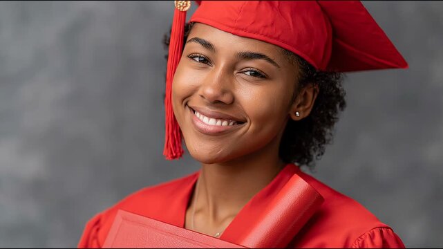 African American female graduate in red cap and gown smiles while holding diploma, showcasing pride and accomplishment against a neutral backdrop