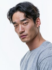 Fototapeta premium Close-up portrait of a determined East Asian man with dark wavy hair and a strong gaze, wearing a simple gray t-shirt against a bright, clean background.