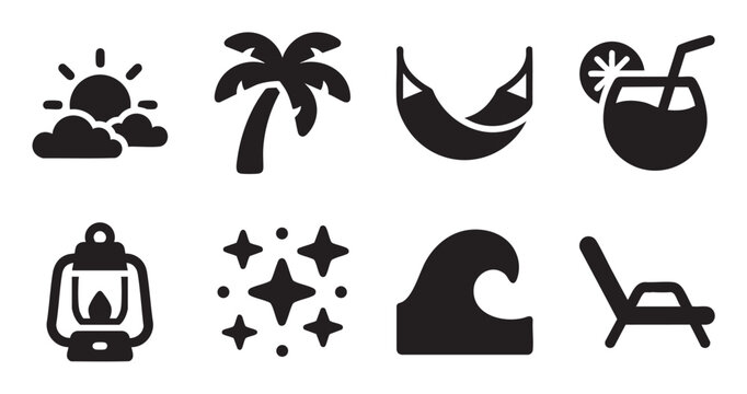 A collection of clean, black vector icons representing elements of a beach vacation, including a sun with clouds, palm tree, hammock, cocktail, lantern, stars, wave, and lounge chair.