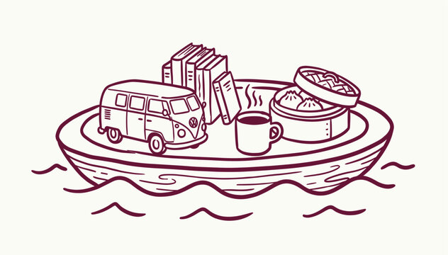 Whimsical hand drawn illustration of a floating boat carrying books a van and steaming dim sum