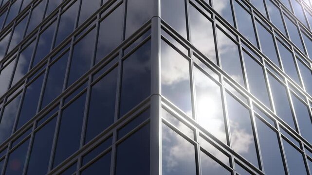 Dynamic city skyscraper perspective with mirrored glass surfaces and modern symmetry. Seamless loop animation for banking, investment and corporate media. Part of series. 3D render, 3840x2160