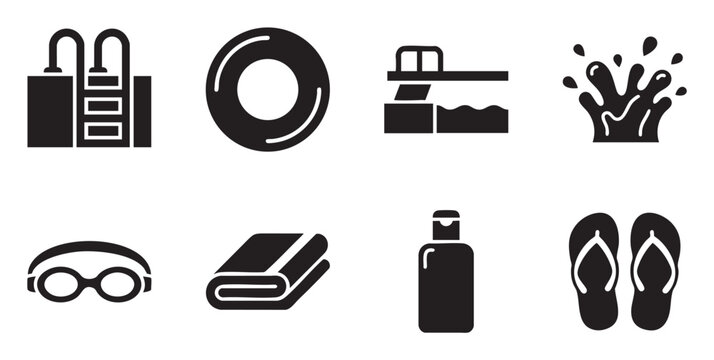 A collection of black silhouette icons representing swimming pool elements like a ladder, float, diving board, water splash, goggles, towel, sunscreen, and flip-flops.