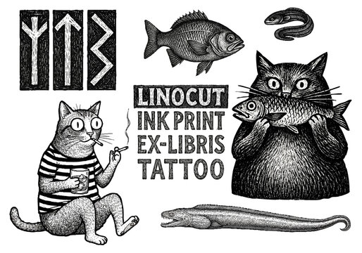 Cat, fish, eel, tattoo, print, linocut stamp, ex libris, ink