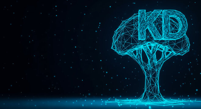 A glowing digital tree with 'KD' letters in a modern, futuristic style stands against a dark, starry background. Conceptual representation of knowledge, growth, technology, or data.
