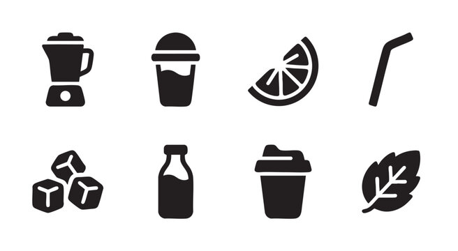 A collection of black icons related to beverages, including a blender, smoothie cup, ice cubes, lemon slice, straw, milk bottle, takeaway cup, and a mint leaf.