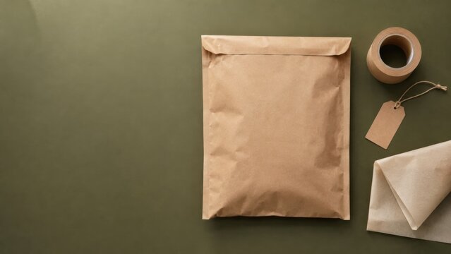 Crafted brown paper parcel with string and tag on olive background
