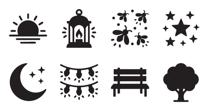 Collection of black vector icons representing summer night elements like a sunset, lantern, fireflies, stars, moon, lights, bench, and tree.